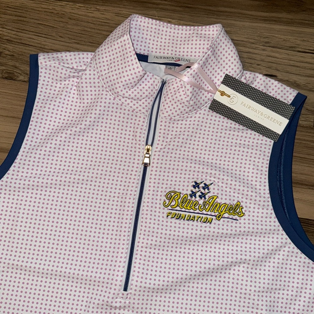 Fairway & Greene Blue Angels Foundation White Purple Dot 1/4 Zip Polo Top S NWT